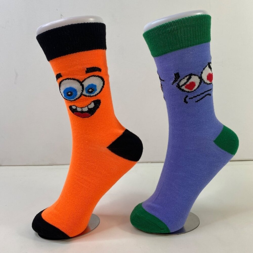Silly Cartoon Face Crew Socks 2-Pack Fun Expression Purple & Orange Novelty One